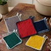 Handgehäkeltes Topflappen-Set Topflappen Baumwolle aus robustem Baumwollgarn, quadratisch mit ca. 16 x 16 cm Größe. Die gleichmäßige Häkelstruktur sorgt für Hitzeschutz beim Kochen und Backen. Jeder Topflappen hat eine stabile Aufhängeschlaufe und ist wahlweise einfarbig oder mit farbigem Rand gestaltet – ein dekorativer, funktionaler Küchenhelfer in Handarbeit.