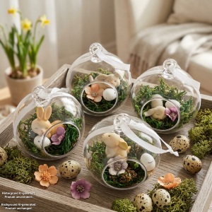 Handgefertigte Osterkugel Handgemachter Osterschmuck aus Acryl mit einer Miniaturszene im Inneren: ein kleiner Osterhase sitzt auf einem Bett aus grünem Moos, daneben ein zartes Deko-Ei und feine Blüten. Die Kugel hängt an einem weißen Satinband und wirkt natürlich, frühlingshaft und elegant – ein stilvoller Osterschmuck zum Aufhängen oder Verschenken.