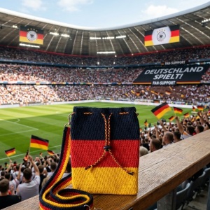 Handgehäkelte Tasche Deutschland Tasche in den Farben Schwarz, Rot und Gold, inspiriert von der deutschen Flagge. Mit breitem, verstellbarem Schultergurt, stabilem Kordelzugverschluss und dekorativem Kordelende. Etwa 19 x 26 cm groß, bietet Platz für Alltagsutensilien wie Handy, Geldbörse und Schlüssel. Stilvolles, handgemachtes Accessoire für Fans und Liebhaber deutscher Farben.