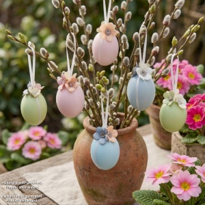 Handgemachte Ostereier Pastellfarbene Ostereier mit Blüten in sanften Pastellfarben wie Rosa, Hellblau und Hellgrün, jeweils mit weißen Satinbändern und kleinen, farblich abgestimmten Blütenapplikationen verziert. Die Eier haben eine leicht schimmernde Oberfläche und hängen an eleganten Satinbändern. Die zarten Blüten und weichen Farben verleihen der Osterdeko einen eleganten, frühlingshaften und verspielten Look.