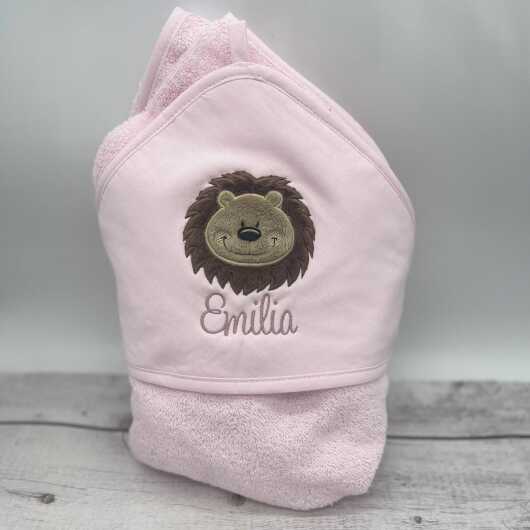 Kapuzenbadetuch Löwe mit Name in rosa