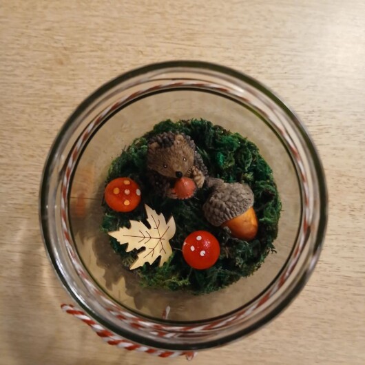 Herbstliches Windlichtglas Igel mit Nuss dekoriert mit Moos, bunten Blättern, kleinen Pilzen, Eicheln und einer kleinen Igel-Figur im Inneren. Auf dem Deckel ist eine Teelichthalterung mit LED-Teelicht integriert. Der Deckel ist mit orangem Satinband verziert, das Glas zusätzlich mit rot-weißer Schnur. Stimmungsvolle Herbstdekoration für Fensterbank, Regal oder Tisch.