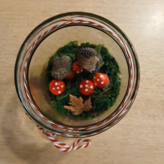 Herbstliches Windlichtglas Igel mit Pilz dekoriert mit Moos, bunten Blättern, kleinen Pilzen, Eicheln und einer kleinen Igel-Figur im Inneren. Auf dem Deckel ist eine Teelichthalterung mit LED-Teelicht integriert. Der Deckel ist mit orangem Satinband verziert, das Glas zusätzlich mit rot-weißer Schnur. Stimmungsvolle Herbstdekoration für Fensterbank, Regal oder Tisch.