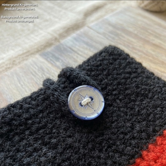 Handgehäkelte Handyhülle Deutschland Handyhülle in den Farben Schwarz, Rot und Gold, angeordnet wie die deutsche Flagge. Aus robustem Wollgarn gefertigt, mit weicher Struktur und sicherem Knopfverschluss oben. Schützt das Smartphone vor Kratzern und Stößen. Erhältlich in zwei Größen – ein handgemachtes Accessoire für Fans und Liebhaber deutscher Farben.