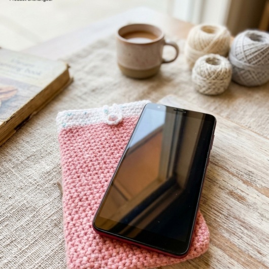Handgehäkelte Handyhülle Zweifarbige Handyhülle aus weicher, strapazierfähiger Wolle mit dekorativem Knopfverschluss. Die Hülle misst etwa 10 x 16 cm, ist dehnbar und passt sich der Form des Smartphones an. In sanften Pastelltönen gestaltet, schützt sie das Handy vor Kratzern und Stößen – ein stilvolles, handgefertigtes Accessoire mit liebevollen Details.