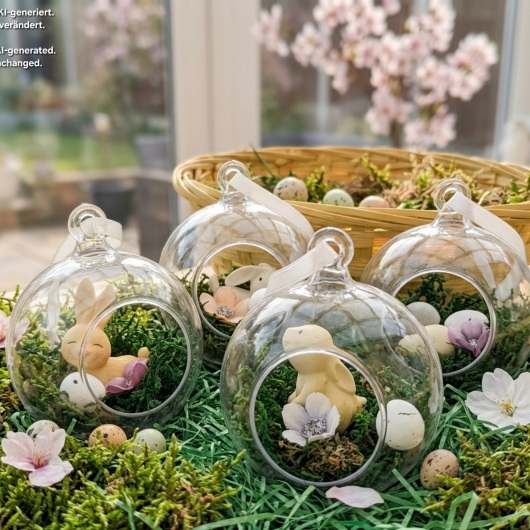 Handgefertigte Osterkugel Handgemachter Osterschmuck aus Acryl mit einer Miniaturszene im Inneren: ein kleiner Osterhase sitzt auf einem Bett aus grünem Moos, daneben ein zartes Deko-Ei und feine Blüten. Die Kugel hängt an einem weißen Satinband und wirkt natürlich, frühlingshaft und elegant – ein stilvoller Osterschmuck zum Aufhängen oder Verschenken.