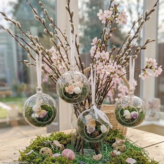 Handgefertigte Osterkugel Handgemachter Osterschmuck aus Acryl mit einer Miniaturszene im Inneren: ein kleiner Osterhase sitzt auf einem Bett aus grünem Moos, daneben ein zartes Deko-Ei und feine Blüten. Die Kugel hängt an einem weißen Satinband und wirkt natürlich, frühlingshaft und elegant – ein stilvoller Osterschmuck zum Aufhängen oder Verschenken.