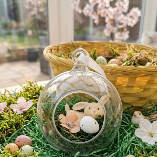 Handgefertigte Osterkugel Handgemachter Osterschmuck aus Acryl mit einer Miniaturszene im Inneren: ein kleiner Osterhase sitzt auf einem Bett aus grünem Moos, daneben ein zartes Deko-Ei und feine Blüten. Die Kugel hängt an einem weißen Satinband und wirkt natürlich, frühlingshaft und elegant – ein stilvoller Osterschmuck zum Aufhängen oder Verschenken.
