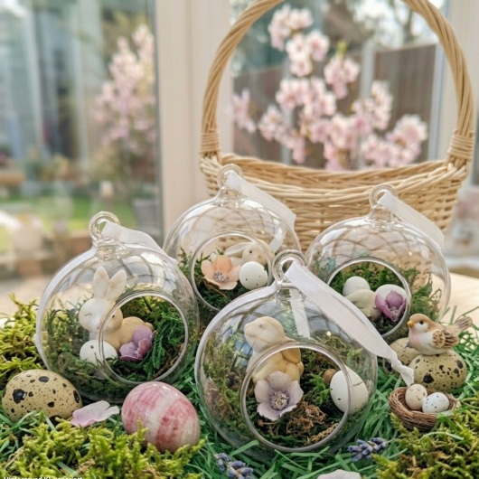 Handgefertigte Osterkugel Handgemachter Osterschmuck aus Acryl mit einer Miniaturszene im Inneren: ein kleiner Osterhase sitzt auf einem Bett aus grünem Moos, daneben ein zartes Deko-Ei und feine Blüten. Die Kugel hängt an einem weißen Satinband und wirkt natürlich, frühlingshaft und elegant – ein stilvoller Osterschmuck zum Aufhängen oder Verschenken.