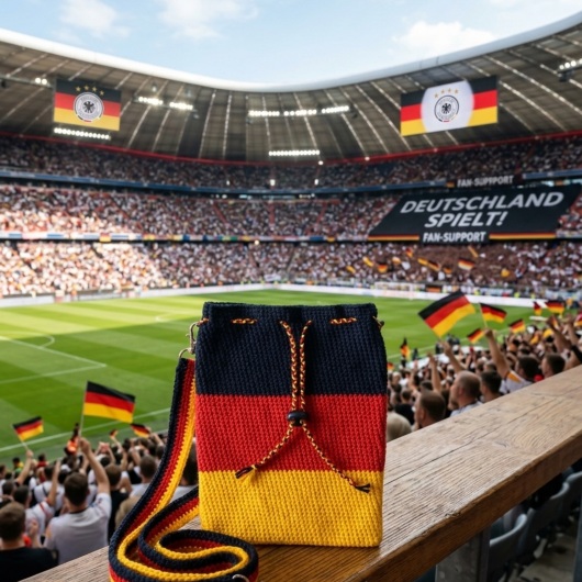 Handgehäkelte Tasche Deutschland Tasche in den Farben Schwarz, Rot und Gold, inspiriert von der deutschen Flagge. Mit breitem, verstellbarem Schultergurt, stabilem Kordelzugverschluss und dekorativem Kordelende. Etwa 19 x 26 cm groß, bietet Platz für Alltagsutensilien wie Handy, Geldbörse und Schlüssel. Stilvolles, handgemachtes Accessoire für Fans und Liebhaber deutscher Farben.