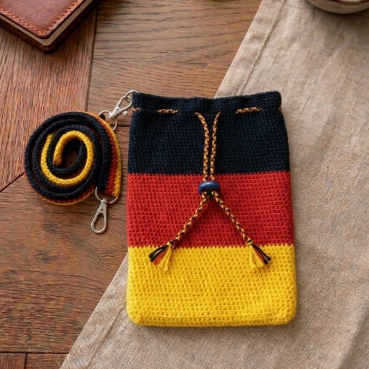 Handgehäkelte Tasche Deutschland Tasche in den Farben Schwarz, Rot und Gold, inspiriert von der deutschen Flagge. Mit breitem, verstellbarem Schultergurt, stabilem Kordelzugverschluss und dekorativem Kordelende. Etwa 19 x 26 cm groß, bietet Platz für Alltagsutensilien wie Handy, Geldbörse und Schlüssel. Stilvolles, handgemachtes Accessoire für Fans und Liebhaber deutscher Farben.