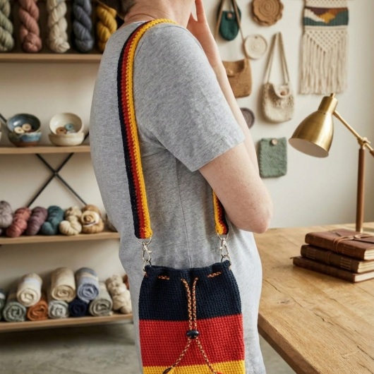 Handgehäkelte Tasche Deutschland Tasche in den Farben Schwarz, Rot und Gold, inspiriert von der deutschen Flagge. Mit breitem, verstellbarem Schultergurt, stabilem Kordelzugverschluss und dekorativem Kordelende. Etwa 19 x 26 cm groß, bietet Platz für Alltagsutensilien wie Handy, Geldbörse und Schlüssel. Stilvolles, handgemachtes Accessoire für Fans und Liebhaber deutscher Farben.
