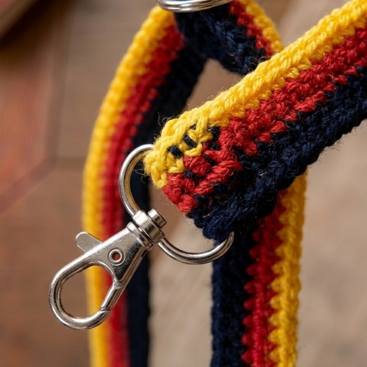Handgehäkelte Tasche Deutschland Tasche in den Farben Schwarz, Rot und Gold, inspiriert von der deutschen Flagge. Mit breitem, verstellbarem Schultergurt, stabilem Kordelzugverschluss und dekorativem Kordelende. Etwa 19 x 26 cm groß, bietet Platz für Alltagsutensilien wie Handy, Geldbörse und Schlüssel. Stilvolles, handgemachtes Accessoire für Fans und Liebhaber deutscher Farben.