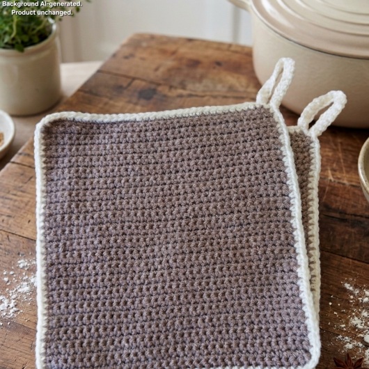Handgehäkeltes Topflappen-Set Topflappen Baumwolle aus robustem Baumwollgarn, quadratisch mit ca. 16 x 16 cm Größe. Die gleichmäßige Häkelstruktur sorgt für Hitzeschutz beim Kochen und Backen. Jeder Topflappen hat eine stabile Aufhängeschlaufe und ist wahlweise einfarbig oder mit farbigem Rand gestaltet – ein dekorativer, funktionaler Küchenhelfer in Handarbeit.