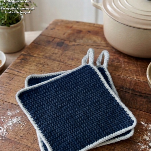 Handgehäkeltes Topflappen-Set Topflappen Baumwolle aus robustem Baumwollgarn, quadratisch mit ca. 16 x 16 cm Größe. Die gleichmäßige Häkelstruktur sorgt für Hitzeschutz beim Kochen und Backen. Jeder Topflappen hat eine stabile Aufhängeschlaufe und ist wahlweise einfarbig oder mit farbigem Rand gestaltet – ein dekorativer, funktionaler Küchenhelfer in Handarbeit.