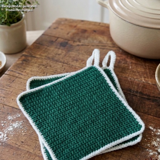 Handgehäkeltes Topflappen-Set Topflappen Baumwolle aus robustem Baumwollgarn, quadratisch mit ca. 16 x 16 cm Größe. Die gleichmäßige Häkelstruktur sorgt für Hitzeschutz beim Kochen und Backen. Jeder Topflappen hat eine stabile Aufhängeschlaufe und ist wahlweise einfarbig oder mit farbigem Rand gestaltet – ein dekorativer, funktionaler Küchenhelfer in Handarbeit.