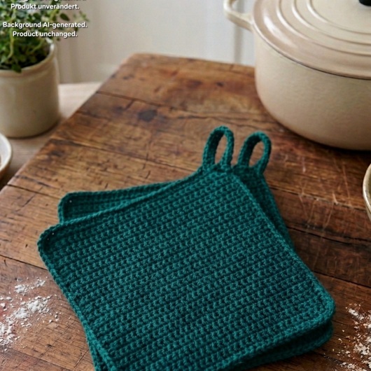Handgehäkeltes Topflappen-Set Topflappen Baumwolle aus robustem Baumwollgarn, quadratisch mit ca. 16 x 16 cm Größe. Die gleichmäßige Häkelstruktur sorgt für Hitzeschutz beim Kochen und Backen. Jeder Topflappen hat eine stabile Aufhängeschlaufe und ist wahlweise einfarbig oder mit farbigem Rand gestaltet – ein dekorativer, funktionaler Küchenhelfer in Handarbeit.
