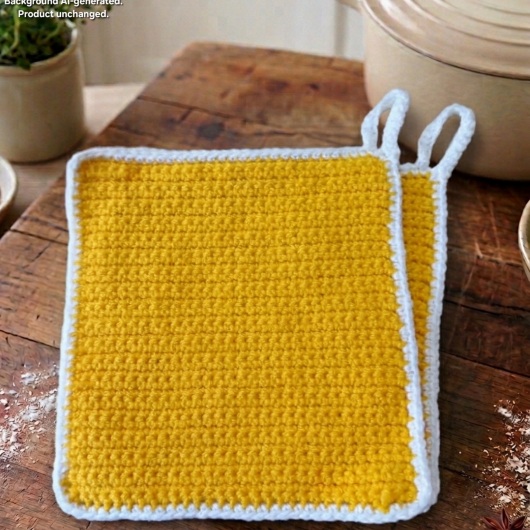 Handgehäkeltes Topflappen-Set Topflappen Baumwolle aus robustem Baumwollgarn, quadratisch mit ca. 16 x 16 cm Größe. Die gleichmäßige Häkelstruktur sorgt für Hitzeschutz beim Kochen und Backen. Jeder Topflappen hat eine stabile Aufhängeschlaufe und ist wahlweise einfarbig oder mit farbigem Rand gestaltet – ein dekorativer, funktionaler Küchenhelfer in Handarbeit.