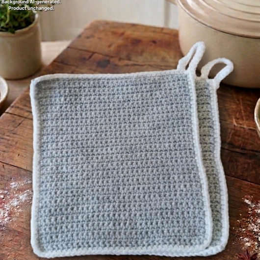 Handgehäkeltes Topflappen-Set Topflappen Baumwolle aus robustem Baumwollgarn, quadratisch mit ca. 16 x 16 cm Größe. Die gleichmäßige Häkelstruktur sorgt für Hitzeschutz beim Kochen und Backen. Jeder Topflappen hat eine stabile Aufhängeschlaufe und ist wahlweise einfarbig oder mit farbigem Rand gestaltet – ein dekorativer, funktionaler Küchenhelfer in Handarbeit.