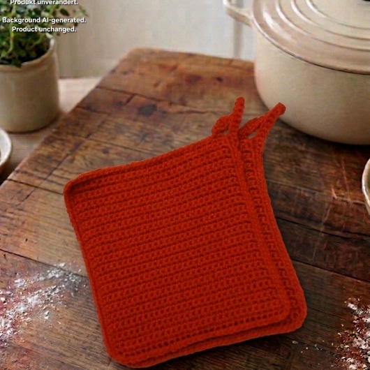 Handgehäkeltes Topflappen-Set Topflappen Baumwolle aus robustem Baumwollgarn, quadratisch mit ca. 16 x 16 cm Größe. Die gleichmäßige Häkelstruktur sorgt für Hitzeschutz beim Kochen und Backen. Jeder Topflappen hat eine stabile Aufhängeschlaufe und ist wahlweise einfarbig oder mit farbigem Rand gestaltet – ein dekorativer, funktionaler Küchenhelfer in Handarbeit.