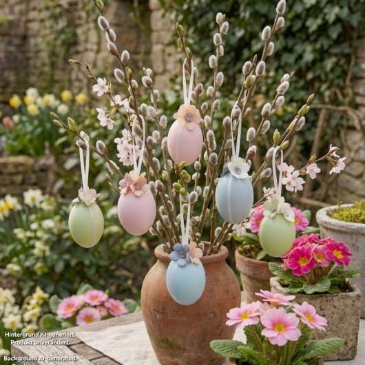 Handgemachte Ostereier Pastellfarbene Ostereier mit Blüten in sanften Pastellfarben wie Rosa, Hellblau und Hellgrün, jeweils mit weißen Satinbändern und kleinen, farblich abgestimmten Blütenapplikationen verziert. Die Eier haben eine leicht schimmernde Oberfläche und hängen an eleganten Satinbändern. Die zarten Blüten und weichen Farben verleihen der Osterdeko einen eleganten, frühlingshaften und verspielten Look.