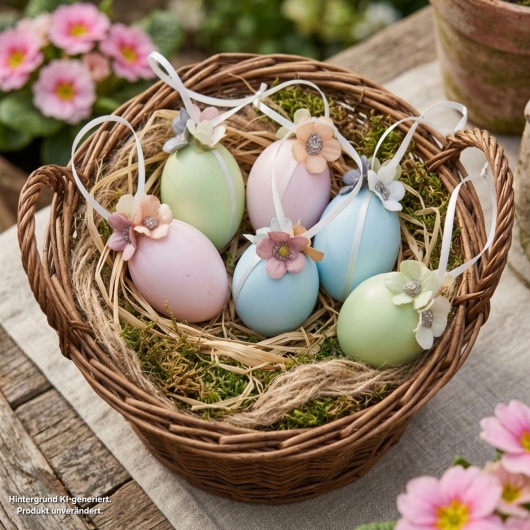 Handgemachte Ostereier Pastellfarbene Ostereier mit Blüten in sanften Pastellfarben wie Rosa, Hellblau und Hellgrün, jeweils mit weißen Satinbändern und kleinen, farblich abgestimmten Blütenapplikationen verziert. Die Eier haben eine leicht schimmernde Oberfläche und hängen an eleganten Satinbändern. Die zarten Blüten und weichen Farben verleihen der Osterdeko einen eleganten, frühlingshaften und verspielten Look.