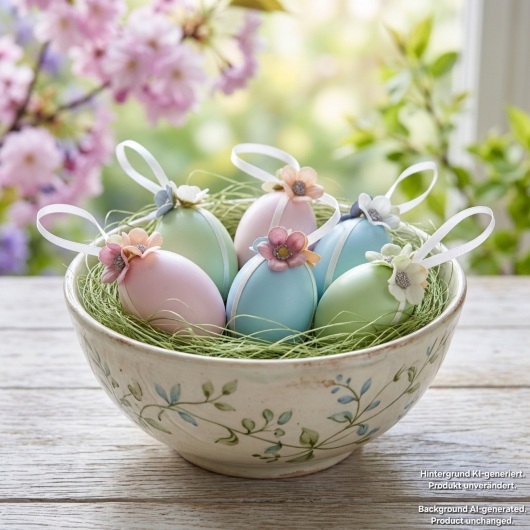 Handgemachte Ostereier Pastellfarbene Ostereier mit Blüten in sanften Pastellfarben wie Rosa, Hellblau und Hellgrün, jeweils mit weißen Satinbändern und kleinen, farblich abgestimmten Blütenapplikationen verziert. Die Eier haben eine leicht schimmernde Oberfläche und hängen an eleganten Satinbändern. Die zarten Blüten und weichen Farben verleihen der Osterdeko einen eleganten, frühlingshaften und verspielten Look.