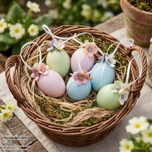 Handgemachte Ostereier Pastellfarbene Ostereier mit Blüten in sanften Pastellfarben wie Rosa, Hellblau und Hellgrün, jeweils mit weißen Satinbändern und kleinen, farblich abgestimmten Blütenapplikationen verziert. Die Eier haben eine leicht schimmernde Oberfläche und hängen an eleganten Satinbändern. Die zarten Blüten und weichen Farben verleihen der Osterdeko einen eleganten, frühlingshaften und verspielten Look.