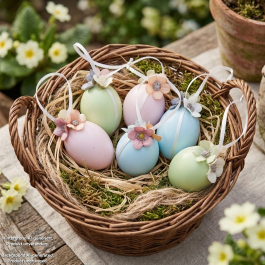 Handgemachte Ostereier Pastellfarbene Ostereier mit Blüten in sanften Pastellfarben wie Rosa, Hellblau und Hellgrün, jeweils mit weißen Satinbändern und kleinen, farblich abgestimmten Blütenapplikationen verziert. Die Eier haben eine leicht schimmernde Oberfläche und hängen an eleganten Satinbändern. Die zarten Blüten und weichen Farben verleihen der Osterdeko einen eleganten, frühlingshaften und verspielten Look.