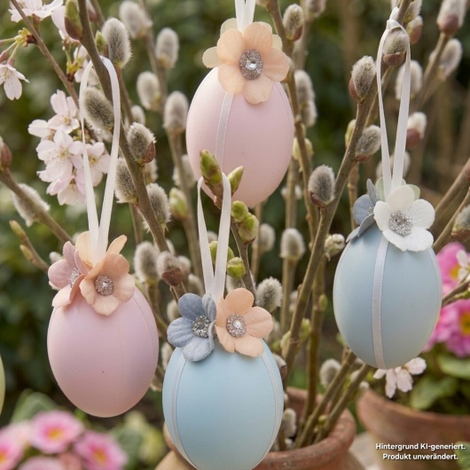 Handgemachte Ostereier Pastellfarbene Ostereier mit Blüten in sanften Pastellfarben wie Rosa, Hellblau und Hellgrün, jeweils mit weißen Satinbändern und kleinen, farblich abgestimmten Blütenapplikationen verziert. Die Eier haben eine leicht schimmernde Oberfläche und hängen an eleganten Satinbändern. Die zarten Blüten und weichen Farben verleihen der Osterdeko einen eleganten, frühlingshaften und verspielten Look.
