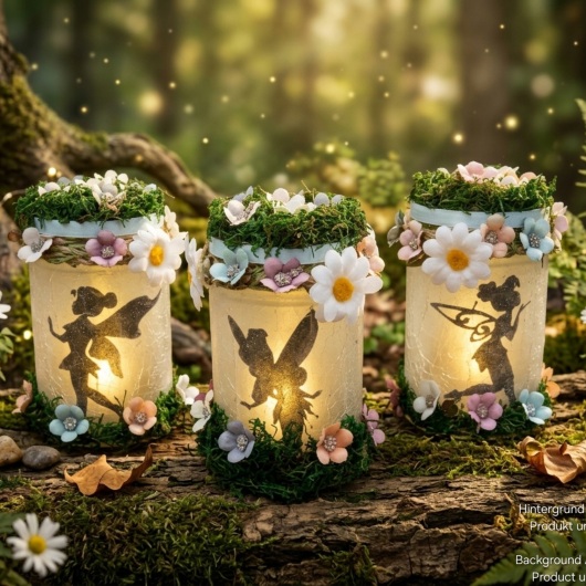 Handgemachtes Feenglas Windlichtglas mit Fee mit romantischem Feenmotiv, verziert mit blauem Satinband, feinem Glitzerstaub und einer kleinen Mooslandschaft auf dem Deckel. Umgeben von zarten Kunstblumen wirkt das Glas wie ein leuchtender Miniaturgarten. Im Inneren sorgt ein flackerndes LED-Teelicht für warmes, magisches Licht – ein märchenhaftes Deko- und Nachtlicht für jeden Raum.