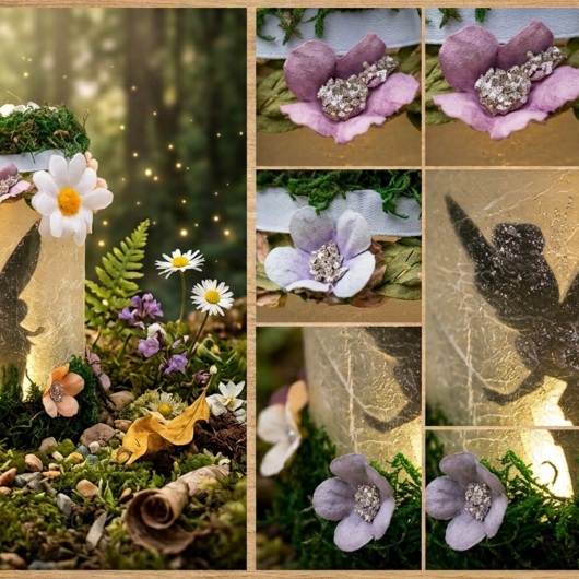 Handgemachtes Feenglas Windlichtglas mit Fee mit romantischem Feenmotiv, verziert mit blauem Satinband, feinem Glitzerstaub und einer kleinen Mooslandschaft auf dem Deckel. Umgeben von zarten Kunstblumen wirkt das Glas wie ein leuchtender Miniaturgarten. Im Inneren sorgt ein flackerndes LED-Teelicht für warmes, magisches Licht – ein märchenhaftes Deko- und Nachtlicht für jeden Raum.