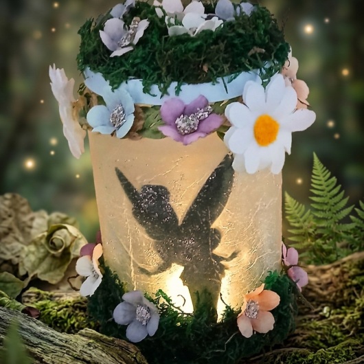 Handgemachtes Feenglas Windlichtglas mit Fee mit romantischem Feenmotiv, verziert mit blauem Satinband, feinem Glitzerstaub und einer kleinen Mooslandschaft auf dem Deckel. Umgeben von zarten Kunstblumen wirkt das Glas wie ein leuchtender Miniaturgarten. Im Inneren sorgt ein flackerndes LED-Teelicht für warmes, magisches Licht – ein märchenhaftes Deko- und Nachtlicht für jeden Raum.