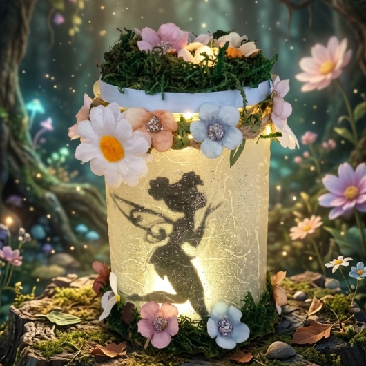 Handgemachtes Feenglas Windlichtglas mit Fee mit romantischem Feenmotiv, verziert mit blauem Satinband, feinem Glitzerstaub und einer kleinen Mooslandschaft auf dem Deckel. Umgeben von zarten Kunstblumen wirkt das Glas wie ein leuchtender Miniaturgarten. Im Inneren sorgt ein flackerndes LED-Teelicht für warmes, magisches Licht – ein märchenhaftes Deko- und Nachtlicht für jeden Raum.