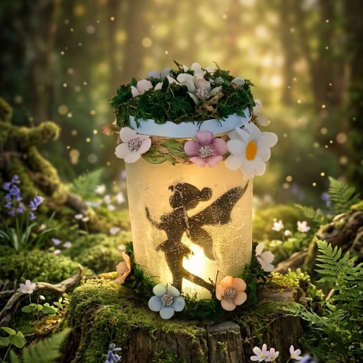 Handgemachtes Feenglas Windlichtglas mit Fee mit romantischem Feenmotiv, verziert mit blauem Satinband, feinem Glitzerstaub und einer kleinen Mooslandschaft auf dem Deckel. Umgeben von zarten Kunstblumen wirkt das Glas wie ein leuchtender Miniaturgarten. Im Inneren sorgt ein flackerndes LED-Teelicht für warmes, magisches Licht – ein märchenhaftes Deko- und Nachtlicht für jeden Raum.