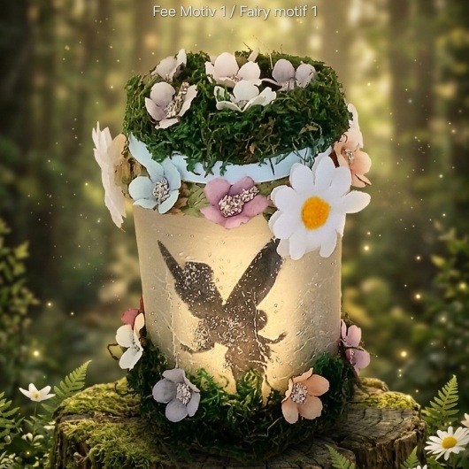 Handgemachtes Feenglas Windlichtglas mit Fee mit romantischem Feenmotiv, verziert mit blauem Satinband, feinem Glitzerstaub und einer kleinen Mooslandschaft auf dem Deckel. Umgeben von zarten Kunstblumen wirkt das Glas wie ein leuchtender Miniaturgarten. Im Inneren sorgt ein flackerndes LED-Teelicht für warmes, magisches Licht – ein märchenhaftes Deko- und Nachtlicht für jeden Raum.
