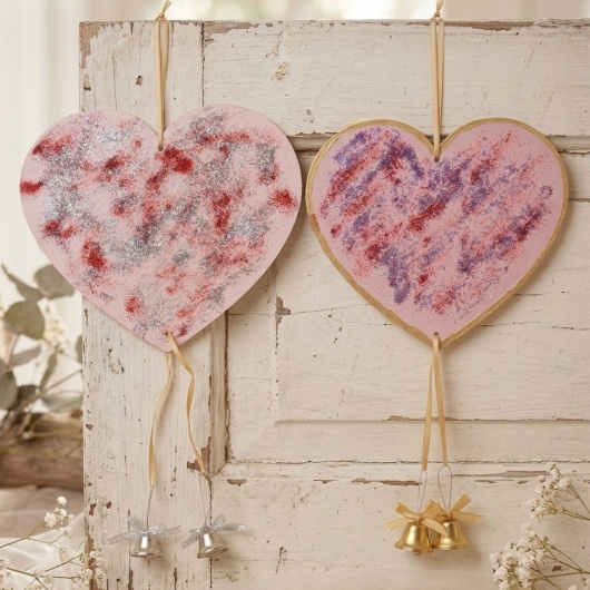 Handgemachtes Herz Türschild Herz Türdeko mit Glöckchen Pink-Gold aus Holz, verziert mit kleinen goldenen und silbernen Glöckchen. Das dekorative Herz hängt an einer Schnur und erzeugt bei Bewegung ein leises Klingeln. Es wirkt warm, einladend und eignet sich ideal als Tür- oder Wanddeko für Zuhause, zum Valentinstag oder als liebevolles Geschenk.