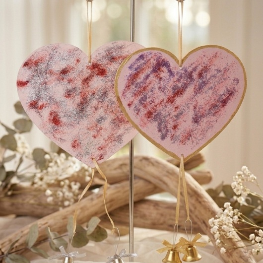 Handgemachtes Herz Türschild Herz Türdeko mit Glöckchen Pink-Gold aus Holz, verziert mit kleinen goldenen und silbernen Glöckchen. Das dekorative Herz hängt an einer Schnur und erzeugt bei Bewegung ein leises Klingeln. Es wirkt warm, einladend und eignet sich ideal als Tür- oder Wanddeko für Zuhause, zum Valentinstag oder als liebevolles Geschenk.