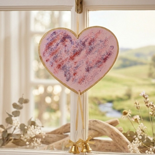 Handgemachtes Herz Türschild Herz Türdeko mit Glöckchen Pink-Gold aus Holz, verziert mit kleinen goldenen und silbernen Glöckchen. Das dekorative Herz hängt an einer Schnur und erzeugt bei Bewegung ein leises Klingeln. Es wirkt warm, einladend und eignet sich ideal als Tür- oder Wanddeko für Zuhause, zum Valentinstag oder als liebevolles Geschenk.