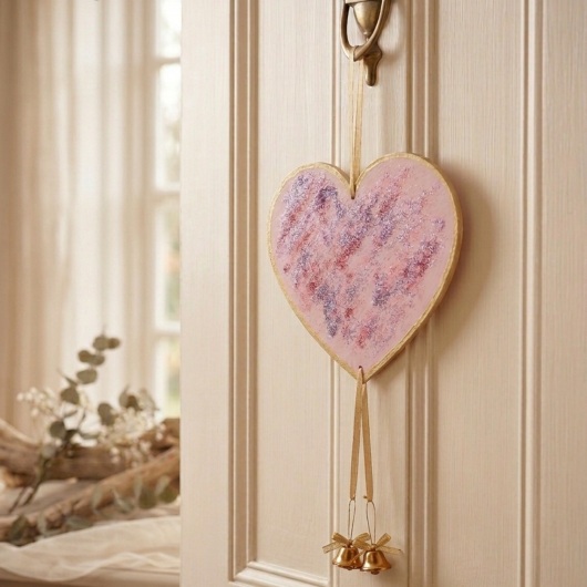 Handgemachtes Herz Türschild Herz Türdeko mit Glöckchen Pink-Gold aus Holz, verziert mit kleinen goldenen und silbernen Glöckchen. Das dekorative Herz hängt an einer Schnur und erzeugt bei Bewegung ein leises Klingeln. Es wirkt warm, einladend und eignet sich ideal als Tür- oder Wanddeko für Zuhause, zum Valentinstag oder als liebevolles Geschenk.