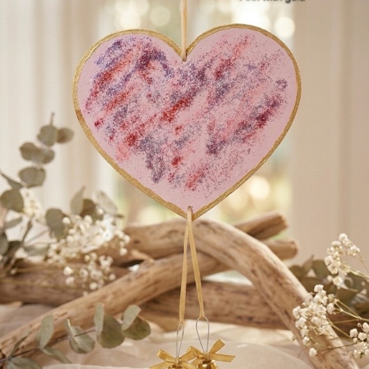 Handgemachtes Herz Türschild Herz Türdeko mit Glöckchen Pink-Gold aus Holz, verziert mit kleinen goldenen und silbernen Glöckchen. Das dekorative Herz hängt an einer Schnur und erzeugt bei Bewegung ein leises Klingeln. Es wirkt warm, einladend und eignet sich ideal als Tür- oder Wanddeko für Zuhause, zum Valentinstag oder als liebevolles Geschenk.