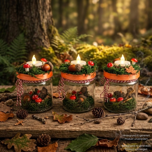 Herbstliches Kerzenglas herbstliches Windlicht dekoriert mit Moos, bunten Blättern, kleinen Pilzen, Eicheln und einer kleinen Igel-Figur im Inneren. Auf dem Deckel ist eine Teelichthalterung mit LED-Teelicht integriert. Der Deckel ist mit orangem Satinband verziert, das Glas zusätzlich mit rot-weißer Schnur. Stimmungsvolle Herbstdekoration für Fensterbank, Regal oder Tisch.