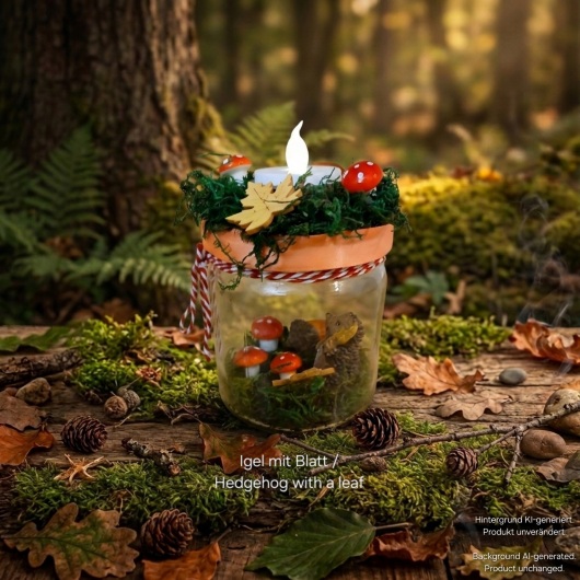 Herbstliches Kerzenglas herbstliches Windlicht dekoriert mit Moos, bunten Blättern, kleinen Pilzen, Eicheln und einer kleinen Igel-Figur im Inneren. Auf dem Deckel ist eine Teelichthalterung mit LED-Teelicht integriert. Der Deckel ist mit orangem Satinband verziert, das Glas zusätzlich mit rot-weißer Schnur. Stimmungsvolle Herbstdekoration für Fensterbank, Regal oder Tisch.