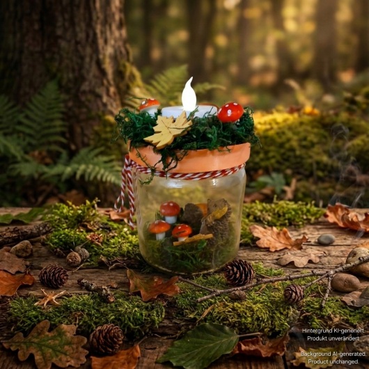 Herbstliches Kerzenglas herbstliches Windlicht dekoriert mit Moos, bunten Blättern, kleinen Pilzen, Eicheln und einer kleinen Igel-Figur im Inneren. Auf dem Deckel ist eine Teelichthalterung mit LED-Teelicht integriert. Der Deckel ist mit orangem Satinband verziert, das Glas zusätzlich mit rot-weißer Schnur. Stimmungsvolle Herbstdekoration für Fensterbank, Regal oder Tisch.