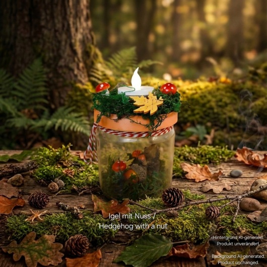 Herbstliches Kerzenglas herbstliches Windlicht dekoriert mit Moos, bunten Blättern, kleinen Pilzen, Eicheln und einer kleinen Igel-Figur im Inneren. Auf dem Deckel ist eine Teelichthalterung mit LED-Teelicht integriert. Der Deckel ist mit orangem Satinband verziert, das Glas zusätzlich mit rot-weißer Schnur. Stimmungsvolle Herbstdekoration für Fensterbank, Regal oder Tisch.
