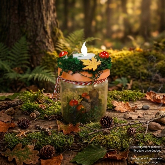 Herbstliches Kerzenglas herbstliches Windlicht dekoriert mit Moos, bunten Blättern, kleinen Pilzen, Eicheln und einer kleinen Igel-Figur im Inneren. Auf dem Deckel ist eine Teelichthalterung mit LED-Teelicht integriert. Der Deckel ist mit orangem Satinband verziert, das Glas zusätzlich mit rot-weißer Schnur. Stimmungsvolle Herbstdekoration für Fensterbank, Regal oder Tisch.