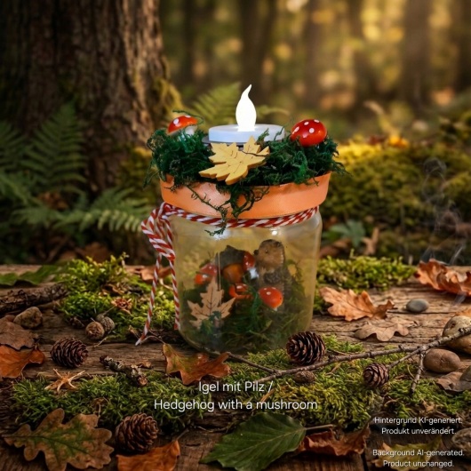 Herbstliches Kerzenglas herbstliches Windlicht dekoriert mit Moos, bunten Blättern, kleinen Pilzen, Eicheln und einer kleinen Igel-Figur im Inneren. Auf dem Deckel ist eine Teelichthalterung mit LED-Teelicht integriert. Der Deckel ist mit orangem Satinband verziert, das Glas zusätzlich mit rot-weißer Schnur. Stimmungsvolle Herbstdekoration für Fensterbank, Regal oder Tisch.