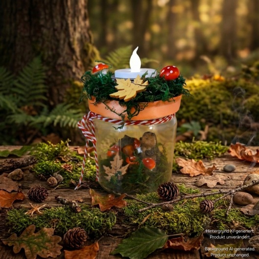 Herbstliches Kerzenglas herbstliches Windlicht dekoriert mit Moos, bunten Blättern, kleinen Pilzen, Eicheln und einer kleinen Igel-Figur im Inneren. Auf dem Deckel ist eine Teelichthalterung mit LED-Teelicht integriert. Der Deckel ist mit orangem Satinband verziert, das Glas zusätzlich mit rot-weißer Schnur. Stimmungsvolle Herbstdekoration für Fensterbank, Regal oder Tisch.