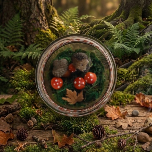 Herbstliches Kerzenglas herbstliches Windlicht dekoriert mit Moos, bunten Blättern, kleinen Pilzen, Eicheln und einer kleinen Igel-Figur im Inneren. Auf dem Deckel ist eine Teelichthalterung mit LED-Teelicht integriert. Der Deckel ist mit orangem Satinband verziert, das Glas zusätzlich mit rot-weißer Schnur. Stimmungsvolle Herbstdekoration für Fensterbank, Regal oder Tisch.