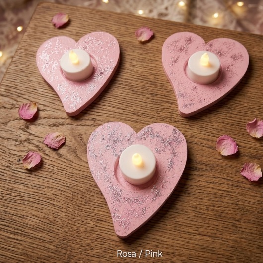 Herz Teelichthalter 4er Set Teelichthalter Herzen Rosa aus Holz im 4er Set, jeweils mit farbenfrohen, individuellen Designs. In der Mitte jedes Herzens befindet sich eine Vertiefung für ein kleines Teelicht, das warmes Licht auf das bemalte Holz wirft. Das 4er-Set strahlt Gemütlichkeit und Liebe aus – perfekt als romantische Deko, Geschenk oder Lichtakzent für Valentinstag, Hochzeit oder Alltag.